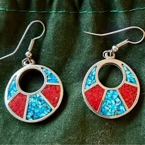 Vintage Crushed Turquoise & Coral Silver Hoop Earrings
